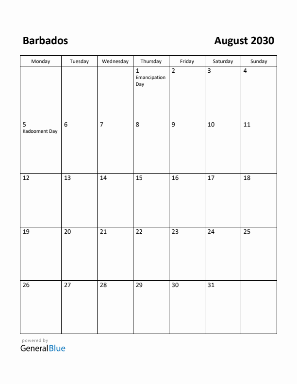 August 2030 Calendar with Barbados Holidays