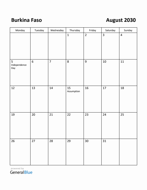 August 2030 Calendar with Burkina Faso Holidays