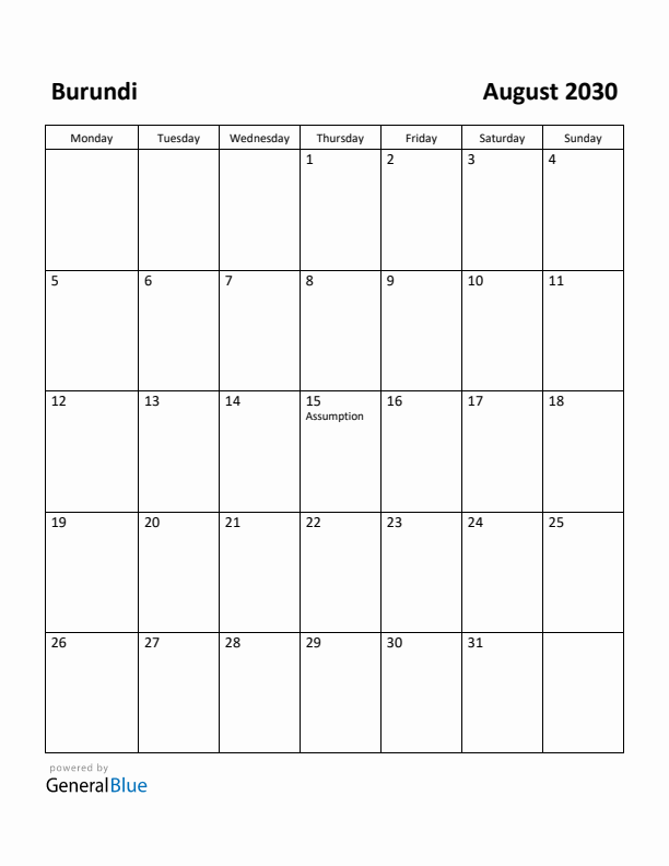 August 2030 Calendar with Burundi Holidays