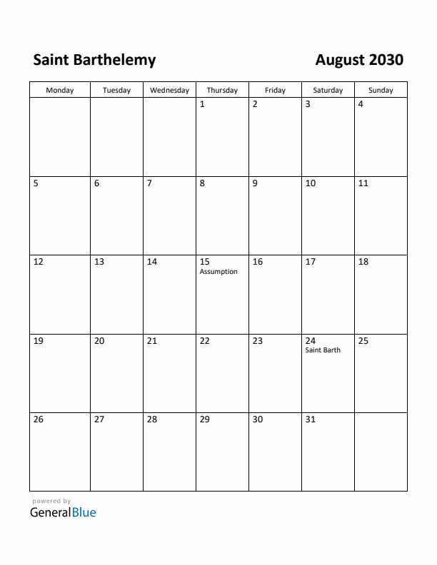 August 2030 Calendar with Saint Barthelemy Holidays