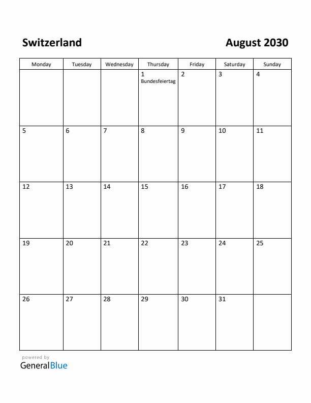 August 2030 Calendar with Switzerland Holidays