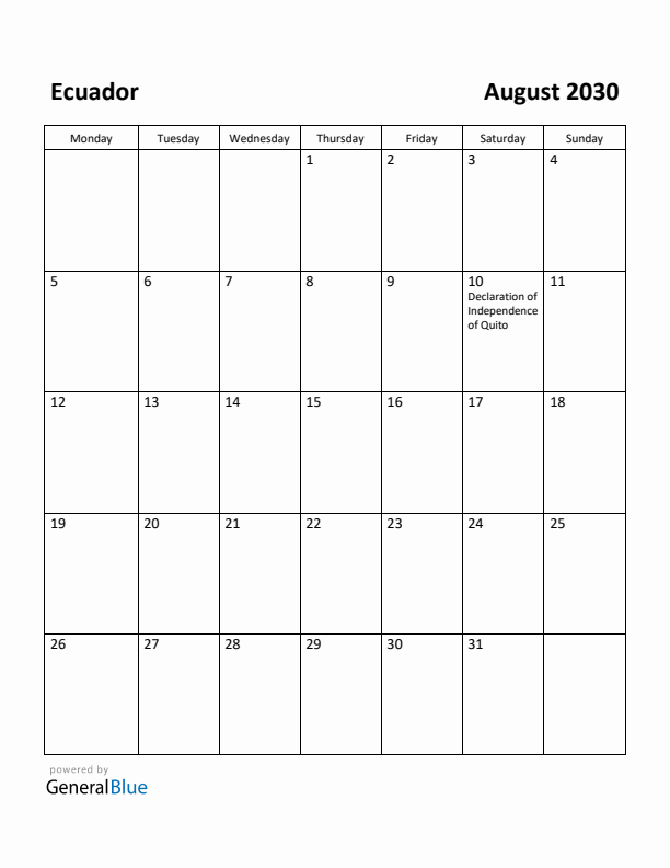 August 2030 Calendar with Ecuador Holidays