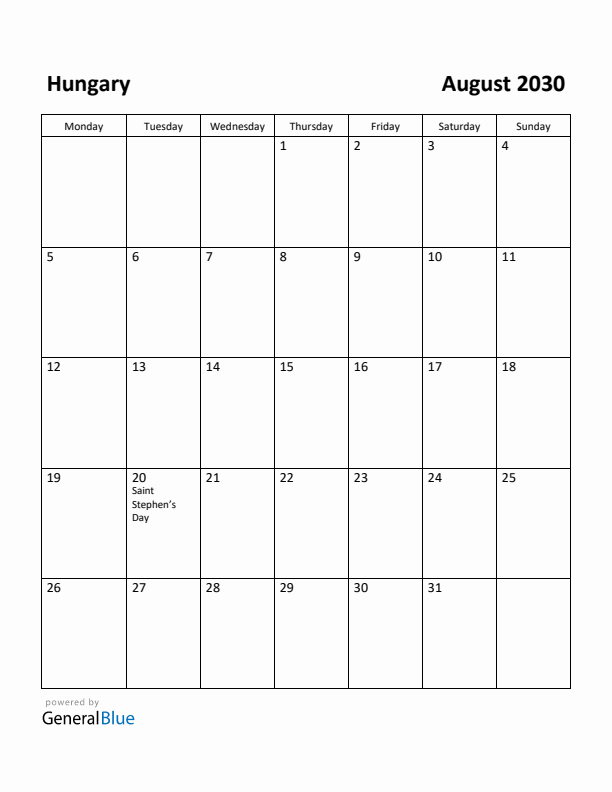August 2030 Calendar with Hungary Holidays