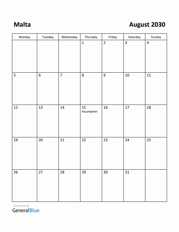 August 2030 Calendar with Malta Holidays