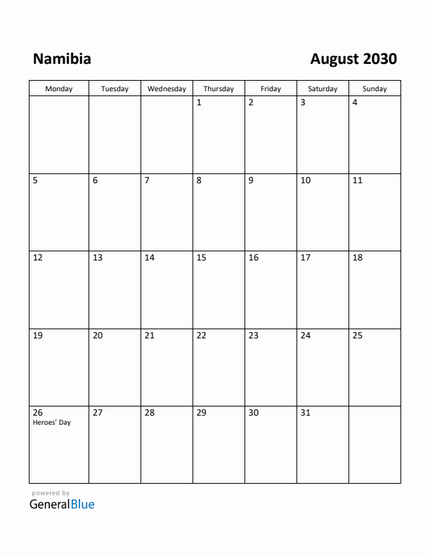 August 2030 Calendar with Namibia Holidays