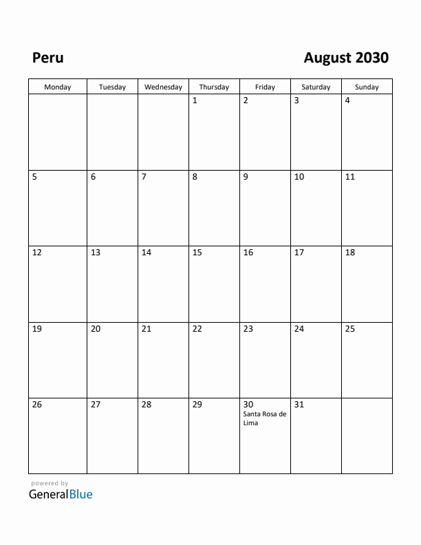August 2030 Calendar with Peru Holidays