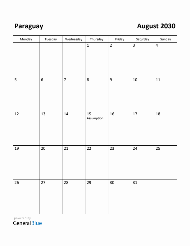 August 2030 Calendar with Paraguay Holidays