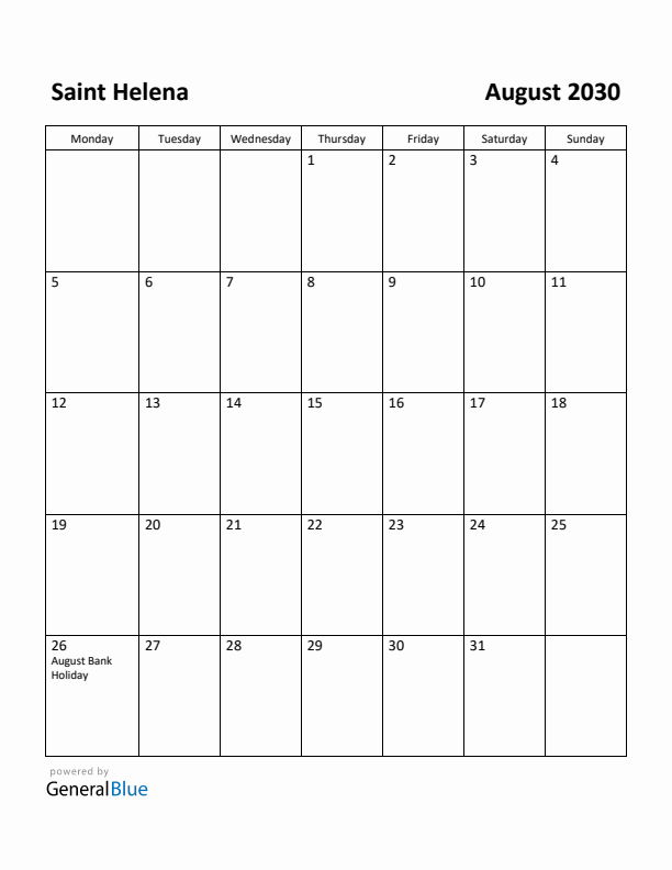 August 2030 Calendar with Saint Helena Holidays