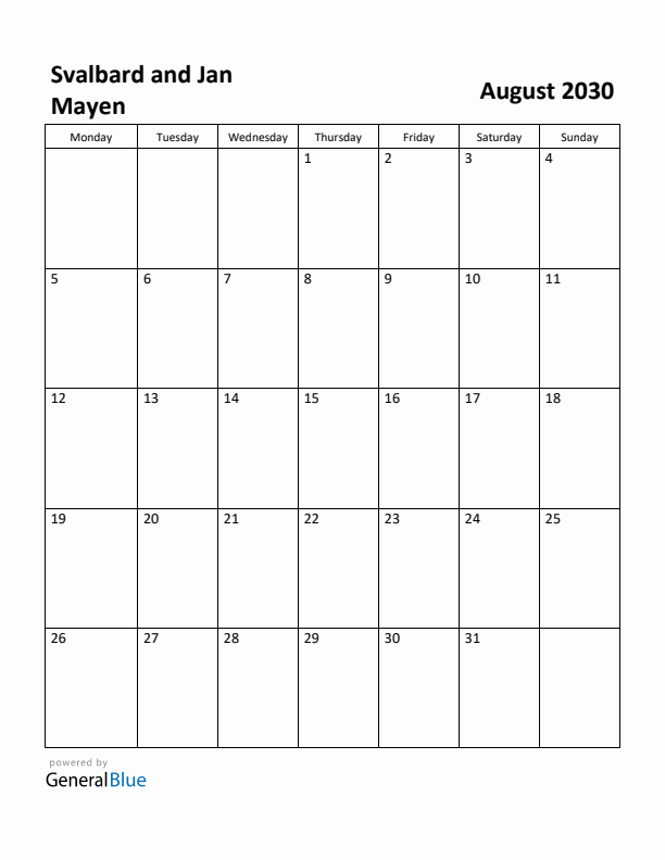 August 2030 Calendar with Svalbard and Jan Mayen Holidays