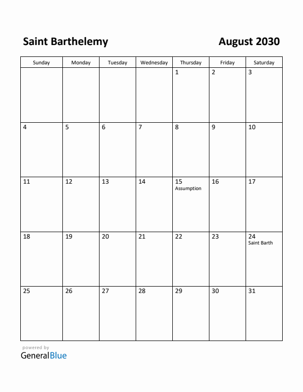 August 2030 Calendar with Saint Barthelemy Holidays