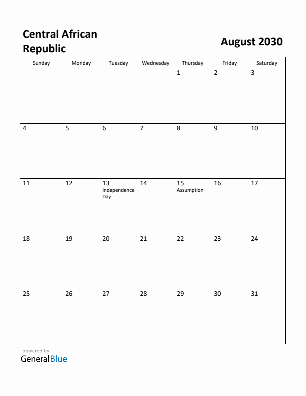 August 2030 Calendar with Central African Republic Holidays