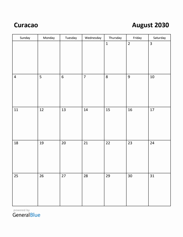 August 2030 Calendar with Curacao Holidays