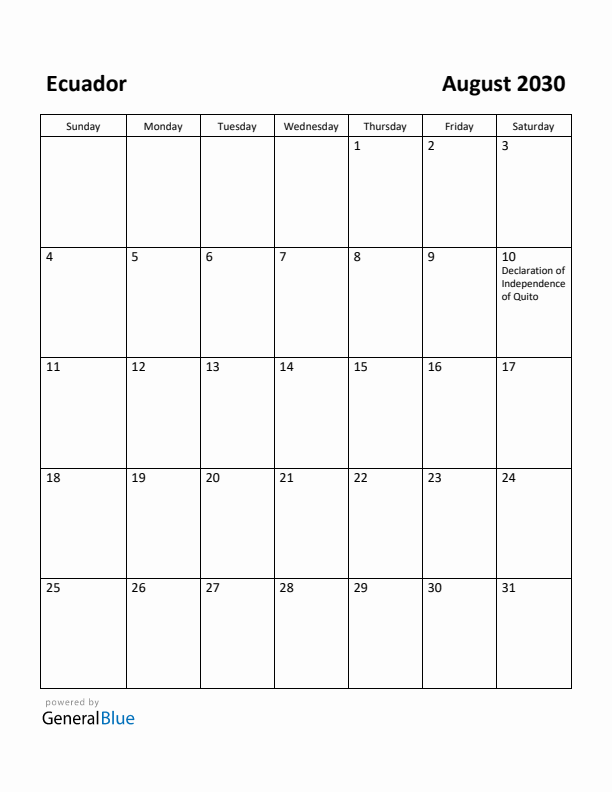 August 2030 Calendar with Ecuador Holidays