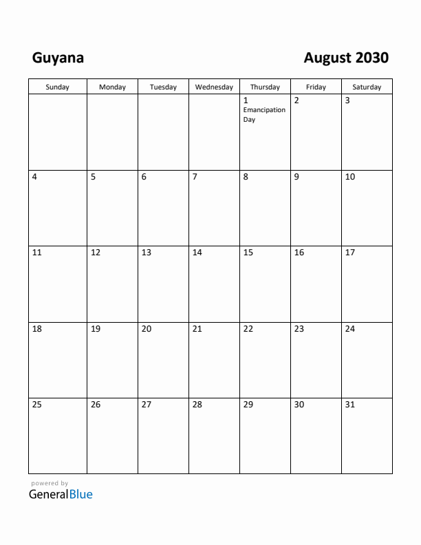 August 2030 Calendar with Guyana Holidays