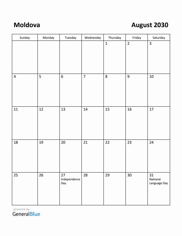 August 2030 Calendar with Moldova Holidays