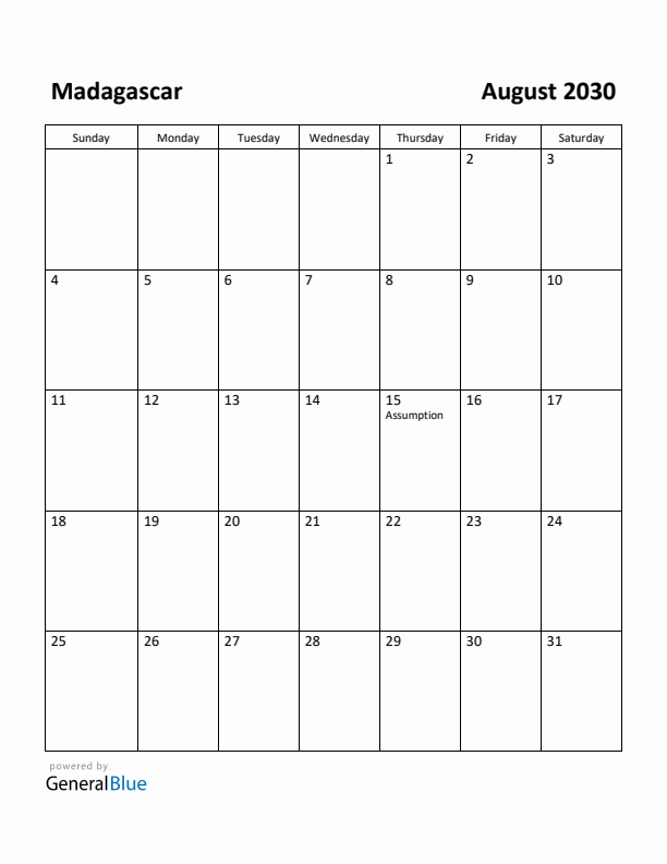 August 2030 Calendar with Madagascar Holidays