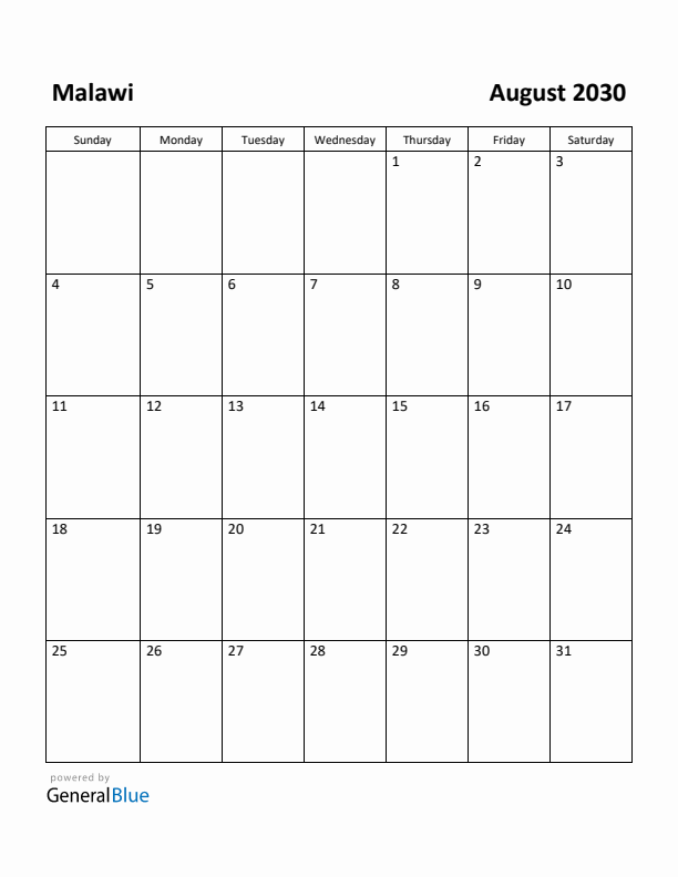 August 2030 Calendar with Malawi Holidays