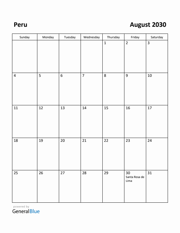 August 2030 Calendar with Peru Holidays