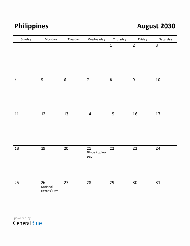 August 2030 Calendar with Philippines Holidays