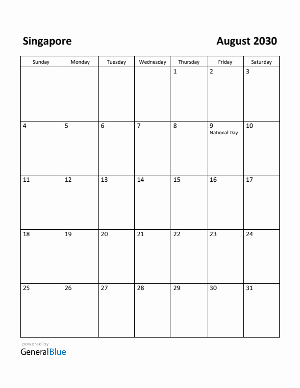August 2030 Calendar with Singapore Holidays