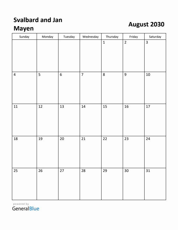 August 2030 Calendar with Svalbard and Jan Mayen Holidays