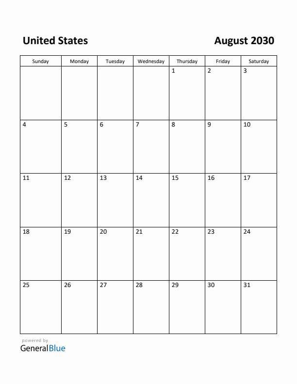August 2030 Calendar with United States Holidays