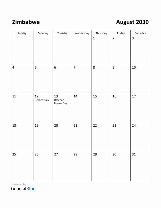 August 2030 Calendar with Zimbabwe Holidays