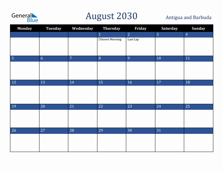 August 2030 Antigua and Barbuda Calendar (Monday Start)
