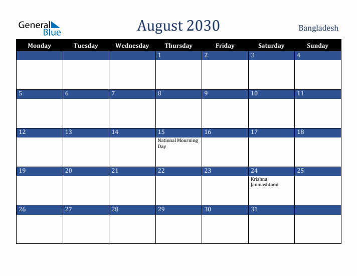 August 2030 Bangladesh Calendar (Monday Start)