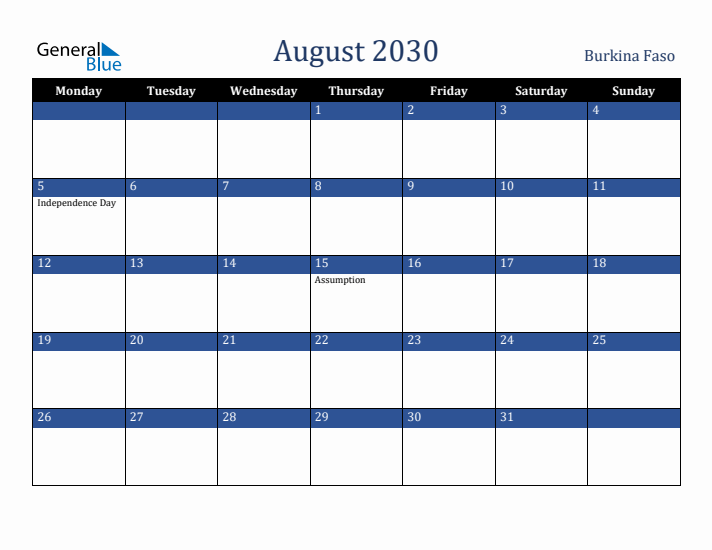 August 2030 Burkina Faso Calendar (Monday Start)