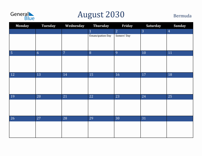 August 2030 Bermuda Calendar (Monday Start)