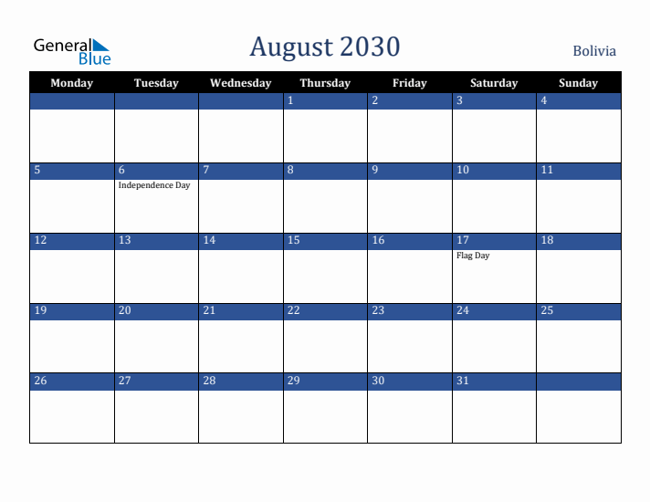 August 2030 Bolivia Calendar (Monday Start)