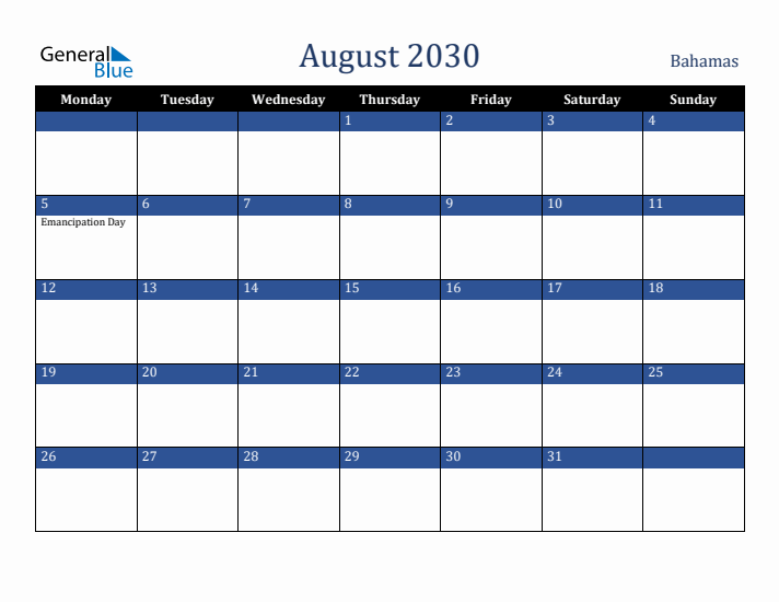 August 2030 Bahamas Calendar (Monday Start)