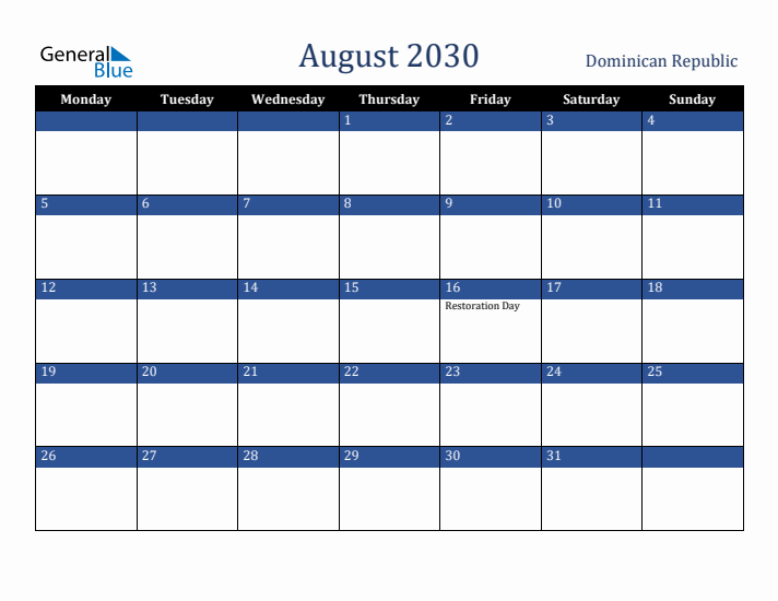 August 2030 Dominican Republic Calendar (Monday Start)