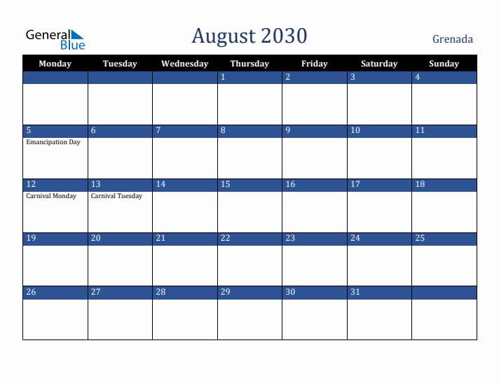 August 2030 Grenada Calendar (Monday Start)