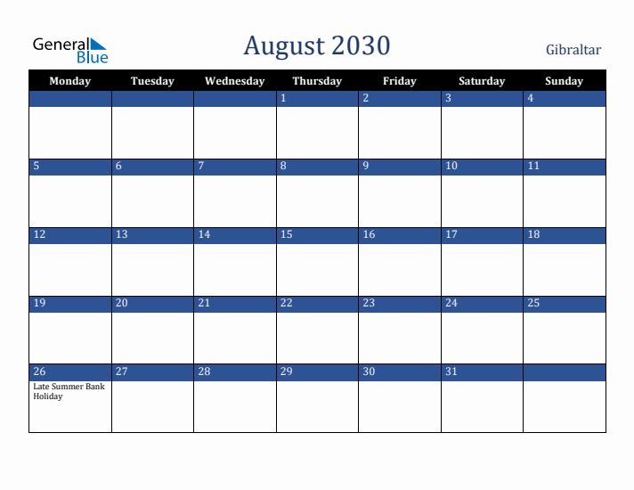 August 2030 Gibraltar Calendar (Monday Start)