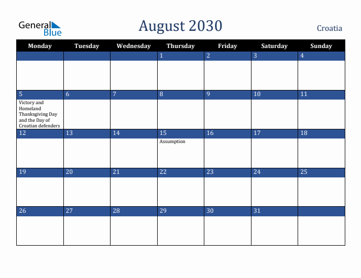August 2030 Croatia Calendar (Monday Start)