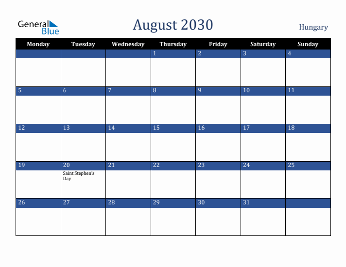 August 2030 Hungary Calendar (Monday Start)