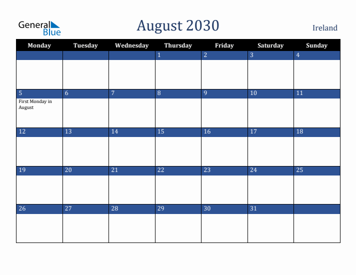 August 2030 Ireland Calendar (Monday Start)