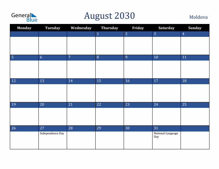 August 2030 Moldova Calendar (Monday Start)
