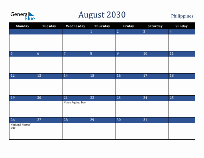 August 2030 Philippines Calendar (Monday Start)