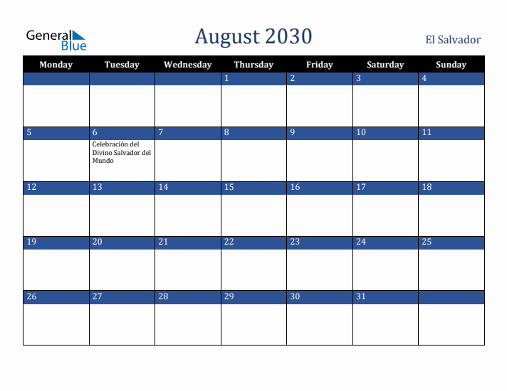 August 2030 El Salvador Calendar (Monday Start)