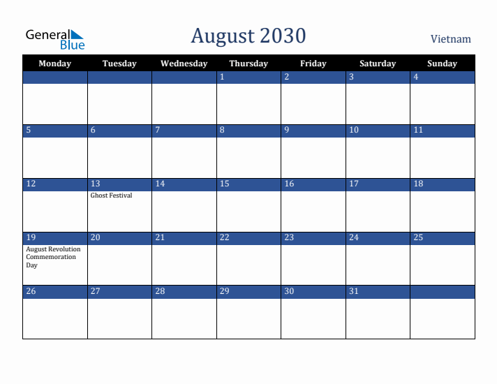 August 2030 Vietnam Calendar (Monday Start)