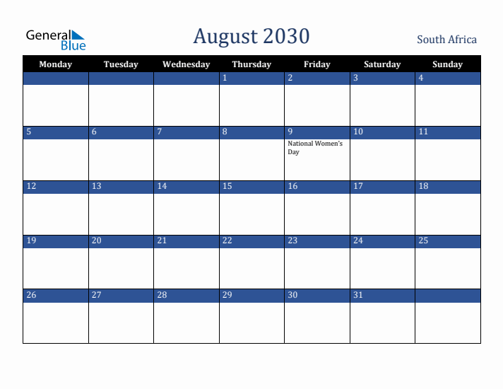 August 2030 South Africa Calendar (Monday Start)