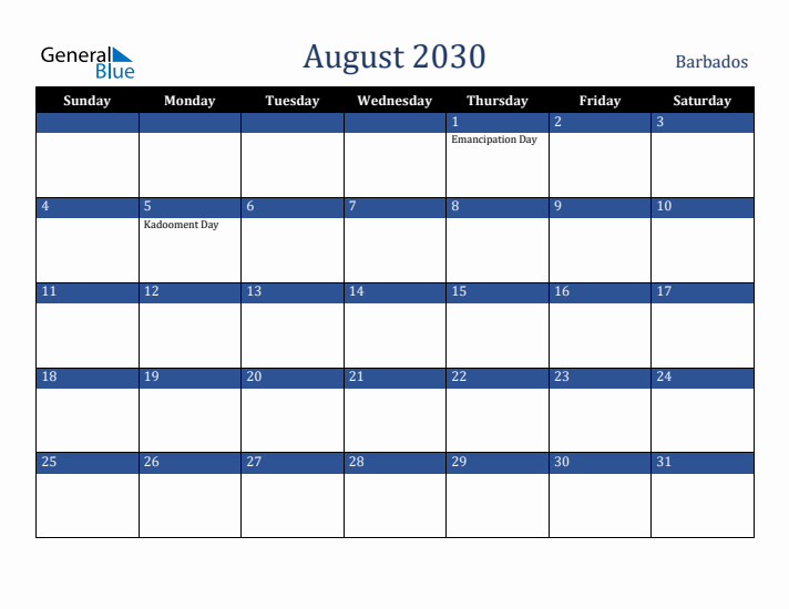 August 2030 Barbados Calendar (Sunday Start)