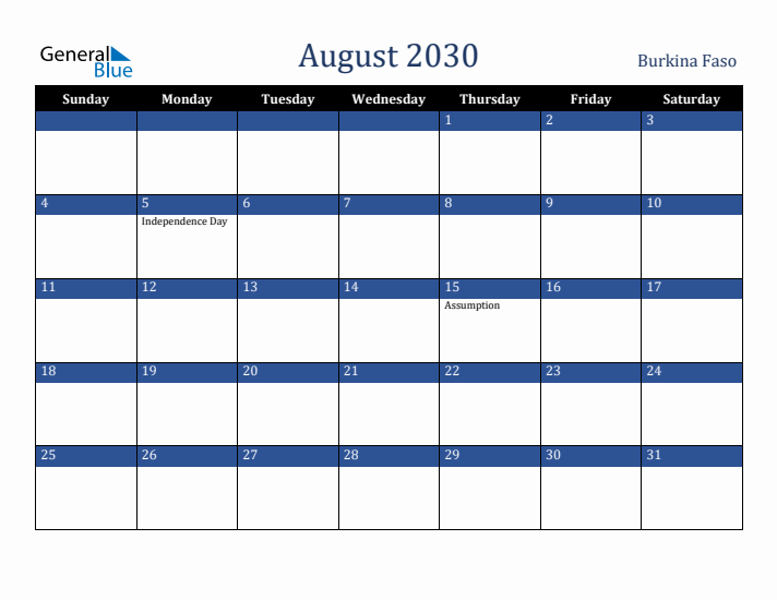 August 2030 Burkina Faso Calendar (Sunday Start)