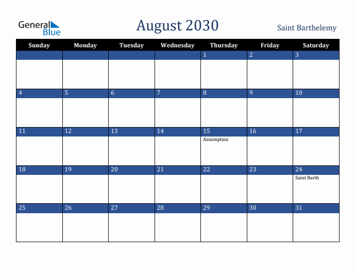 August 2030 Saint Barthelemy Calendar (Sunday Start)