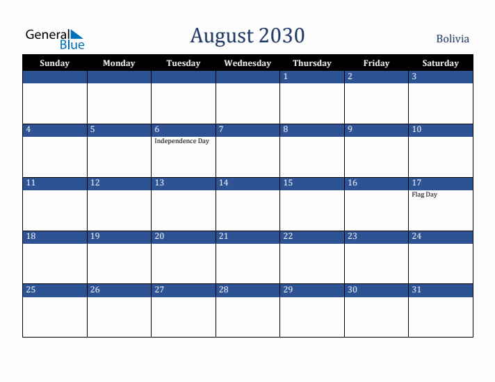 August 2030 Bolivia Calendar (Sunday Start)