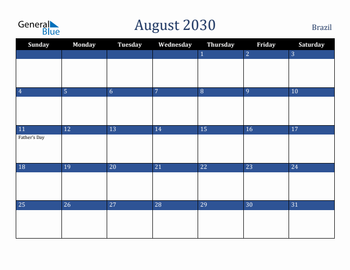 August 2030 Brazil Calendar (Sunday Start)