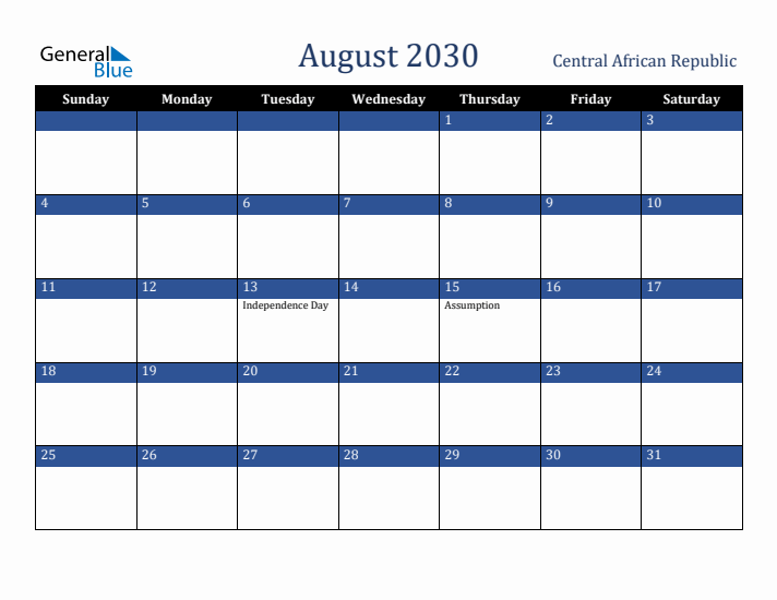 August 2030 Central African Republic Calendar (Sunday Start)